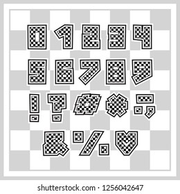 Alphabet chessboard design. Numbers and punctuation marks. Decorative font, vector illustration. Multilayered EPS 10