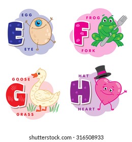 Alphabet Children Colored letter E F G H depicting an egg, frog, goose and heart. Vector alphabet