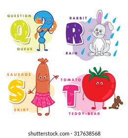 Alphabet Children Colored letter Q R S T depicting an question, rabbit, sausage and tomato. Vector alphabet