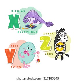 Alphabet Children Colored letter X Y Z depicting an hiphias, yeti and zebra. Vector alphabet