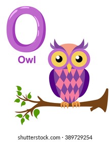 Alphabet for children. Cute vector zoo alphabet with cartoon animals isolated on white O owl