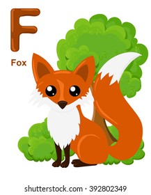 Alphabet for children. Cute vector zoo alphabet with cartoon animals isolated on white F fox