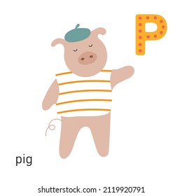 Alphabet for children drawing of cute pig vector illustration simple