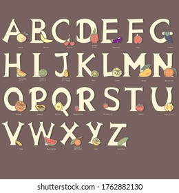 Alphabet for children with fruits and vegetables.