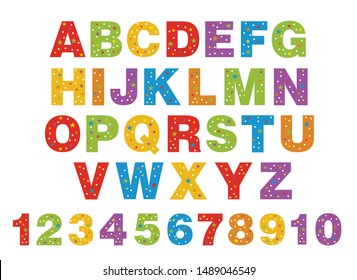 alphabet for children. Kids learning material. Card for learning alphabet. colored alphabet and numbers in white dots and stars