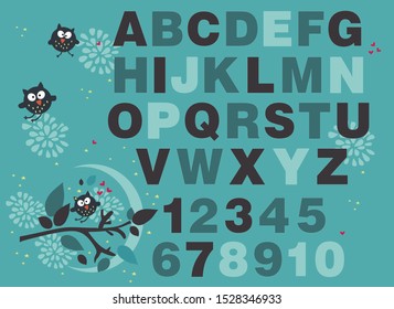 alphabet for children. Kids learning material. Card for learning alphabet. colored alphabet and numbers with cartoon owls on blue background