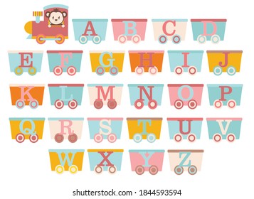 alphabet for children. Kids learning material. colored train cars