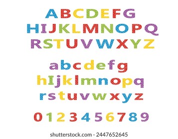 alphabet for children. Kids learning material. Card for learning alphabet. colored alphabet and numbers with white dots 