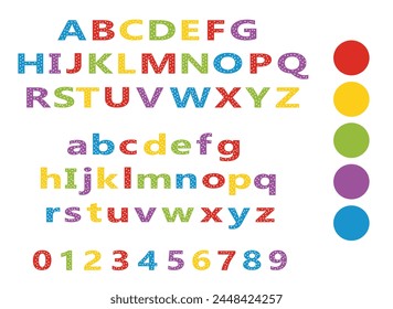 alphabet for children. Kids learning material. Card for learning alphabet. colored alphabet and numbers with white dots 