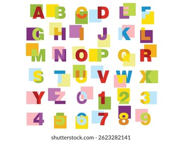 alphabet for children. Kids learning material. Card for learning alphabet and numbers. color alphabet and numbers in square