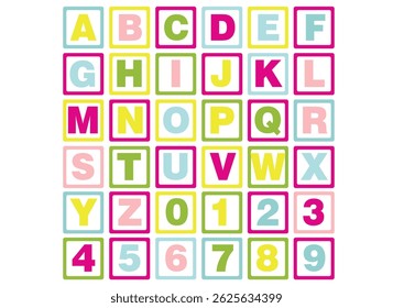 alphabet for children. Kids learning material. Card for learning alphabet and numbers. color alphabet and numbers in square