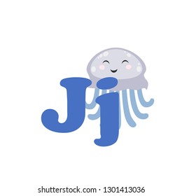 Alphabet for children, letter J, jellyfish, vector illustration.