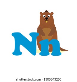 Alphabet for children, letter N, nutria, vector illustration.