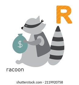 Alphabet for children with letter Raccoon cute cartoon animal icon isolated on white background, vector illustration