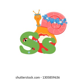 Alphabet for children, letter s, snail, vector illustration.