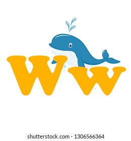 Alphabet for children, letter W, whale, vector illustration.