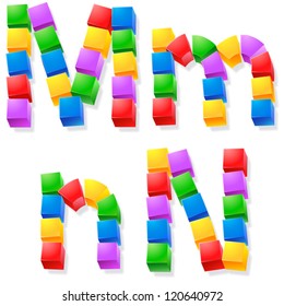Alfabeto de bloques infantiles. Ilustración vectorial del tipo de letra cúbico divertido. Letras m n