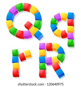 Alfabeto de bloques infantiles. Ilustración vectorial del tipo de letra cúbico divertido. Letras q r
