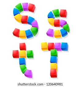 Alphabet of children's blocks. Vector illustration of funny cube font. Letters s t