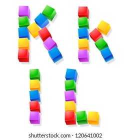 Alfabeto de bloques infantiles. Ilustración vectorial del tipo de letra cúbico divertido. Letras k l