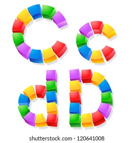 Alphabet of children's blocks. Vector illustration of funny cube font. Letters c d