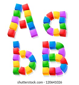 Alphabet Of Children's Blocks. Vector Illustration Of Funny Cube Font. Letters A B