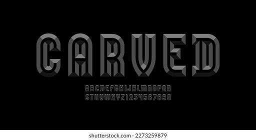 Alphabet from chiseled block, facet dark thick font, beveled letters and numerals, vector illustration 10EPS