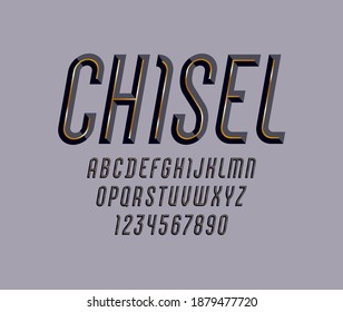 alphabet from chiseled block, font with effect of metallic line, beveled letters and numbers with alloy, vector illustration 10EPS