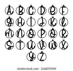 Alphabet, Christmas balls. Monogram. Set of letters, templates.