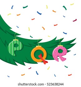 Alphabet. Christmas toy font. Letter P, Q, R.