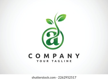 Alphabet A in a circle with two green leaf. Nature logo design template
