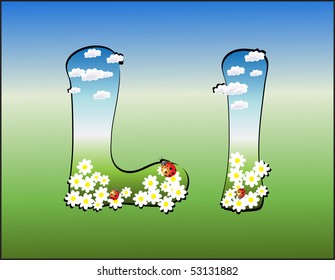 Alphabet with clouds, flowers and ladybirds in the green-blue color