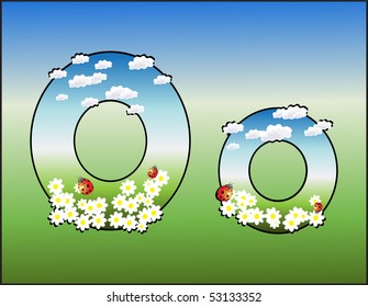 Alphabet with clouds, flowers and ladybirds in the green-blue color