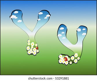 Alphabet with clouds, flowers and ladybirds in the green-blue color