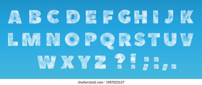 Alphabet from clouds on a blue background. Realistic vector illustration.