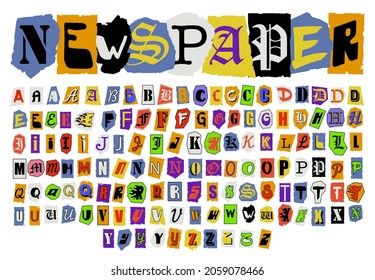 Alphabet collage of colorful cut out newspaper letters, Threatening note. Handmade paper cut font with capital letters, vector set, all elements isolated