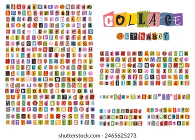 Alphabet collage of colorful cut out newspaper letters. Graffiti grunge style type font. Hand drawn alphabet .Handmade paper cut ransom note style font. Grunge punk clipped elements collection