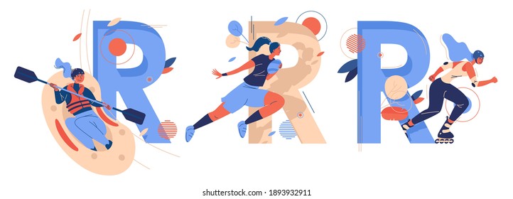 Alphabet collection of activities starting with R. Roller skating, rugby game and rafting women. Female smiling characters with healthy lifestyle enjoying extreme sport