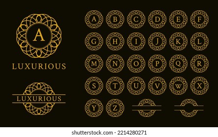 Alphabet collection of luxurious ornament frame logos. Perfect for boutique, beauty cosmetics, spa, meditation, jewelry, hotel, wedding and the like industries.
