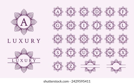 Alphabet collection of luxury ornament flower frame logo. Perfect for boutique, jewelry, hotel, beauty cosmetic, spa, yoga, meditation, wedding, mental health, and the like.