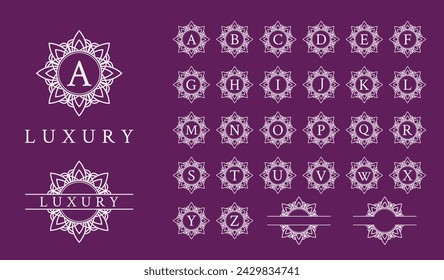 Alphabet collection of luxury ornament flower frame logo. Perfect for boutique, jewelry, hotel, beauty cosmetic, spa, yoga, meditation, wedding, mental health, and the like.