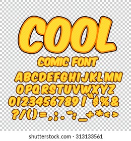 Alphabet collection set. Comic pop art style. Gold yellow color version. Letters, numbers and figures for kids' illustrations, websites, comics, banners.