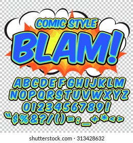 Alphabet collection set. Comic pop art style. Blue color version. Letters, numbers and figures for kids' illustrations, websites, comics, banners.