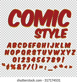 Alphabet collection set. Comic pop art style. Red  halftone color version. Letters, numbers and figures for kids' illustrations, websites, comics, banners.
