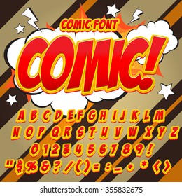 Alphabet collection set. Comic pop art style. Letters, numbers and figures for kids' illustrations, websites, comics, banners.