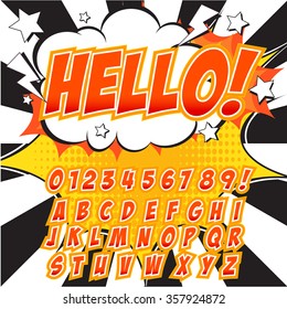 Alphabet collection set. Comic pop art style. Yellow color version. Letters, numbers and figures for kids' illustrations, websites, comics, banners.