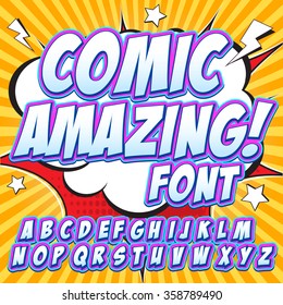 Alphabet collection set. Comic pop art style. Violet color version. Letters, numbers and figures for kids' illustrations, websites, comics, banners. Easy to use.