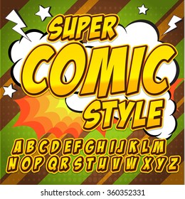 Alphabet collection set. Comic pop art style. Orange color version. Letters, numbers and figures for kids' illustrations, websites, comics, banners.