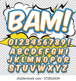 Alphabet collection set. Comic pop art style. Light color version. Letters, numbers and figures for kids' illustrations, websites, comics, banners.