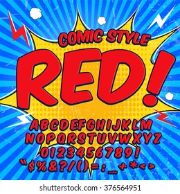 Alphabet collection set. Comic pop art style. Light red and blue color version. Letters, numbers and figures for kids' illustrations, websites, comics, banners.